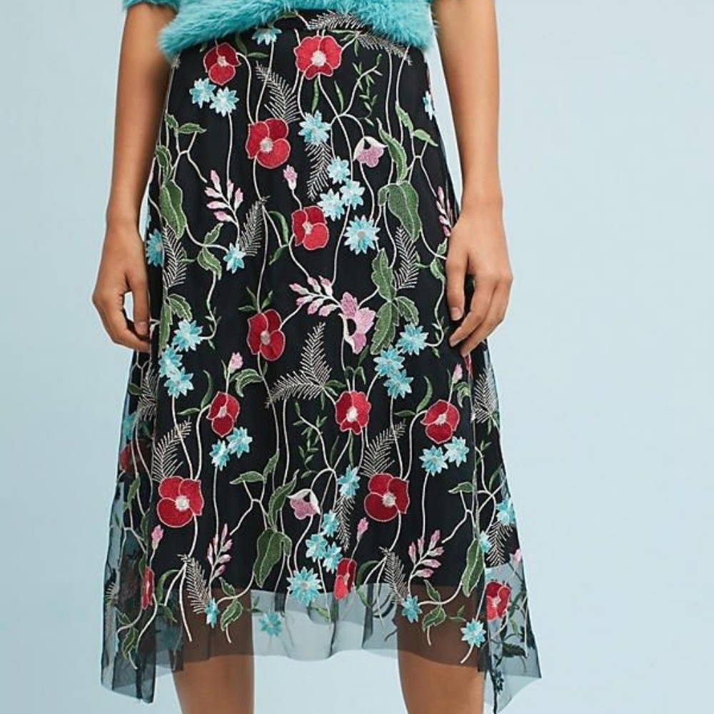 Eva Franco Floral Poppy Embroidered Skirt Midi